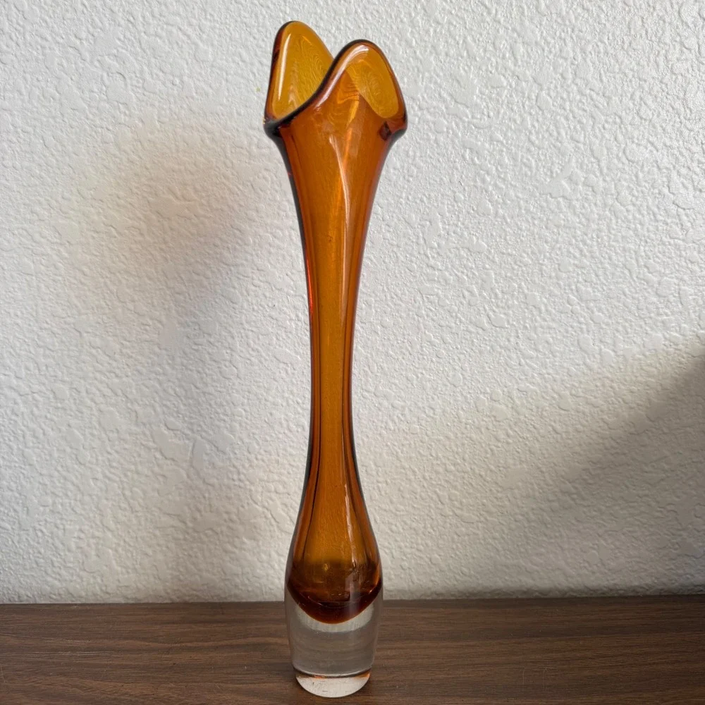 Vintage Hand Blown Amber Brown Art Glass Bud Vase Signed Querandi Argentina MCM